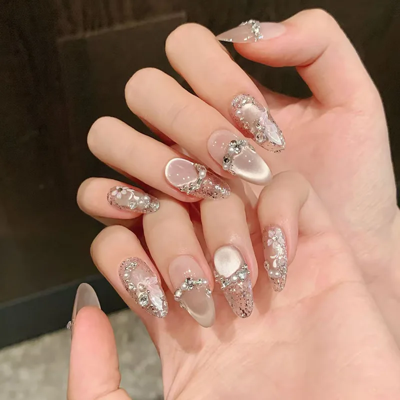 

24Pcs Mid-length Almond Fake Nails Cat's Eye Shiny Powder Flower Press on False Nails Pearl Rhinestone Detachable Manicure Tips