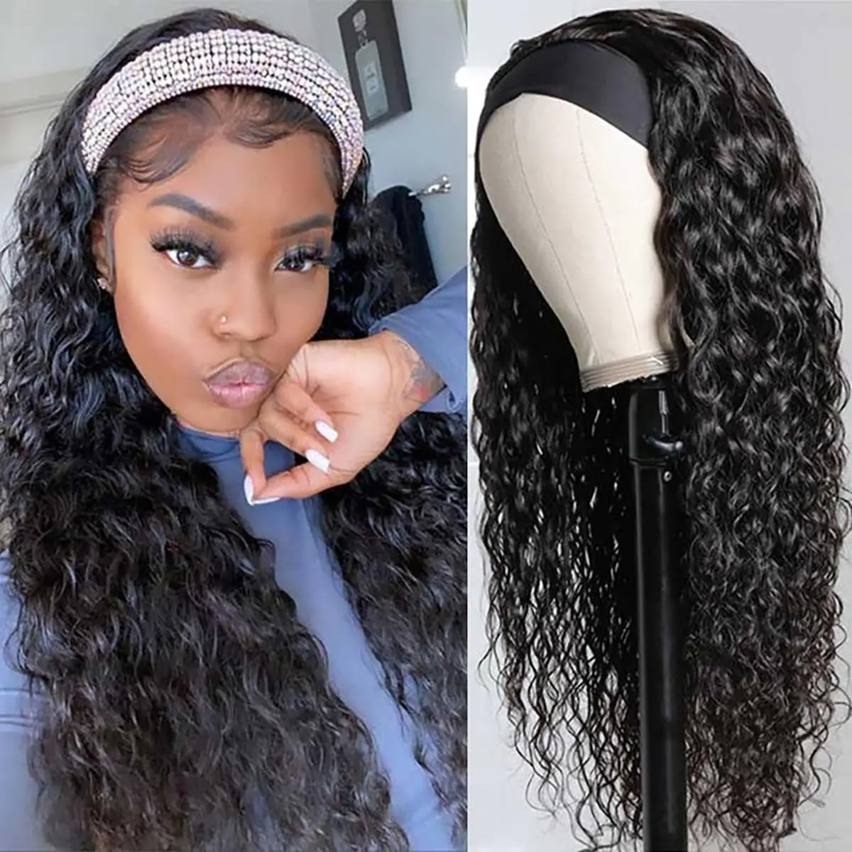 Headband Wig Human Hair Deep Wave Machine Made for Black Women Peruvian 180% Density Human Hair Wigs Natural Color