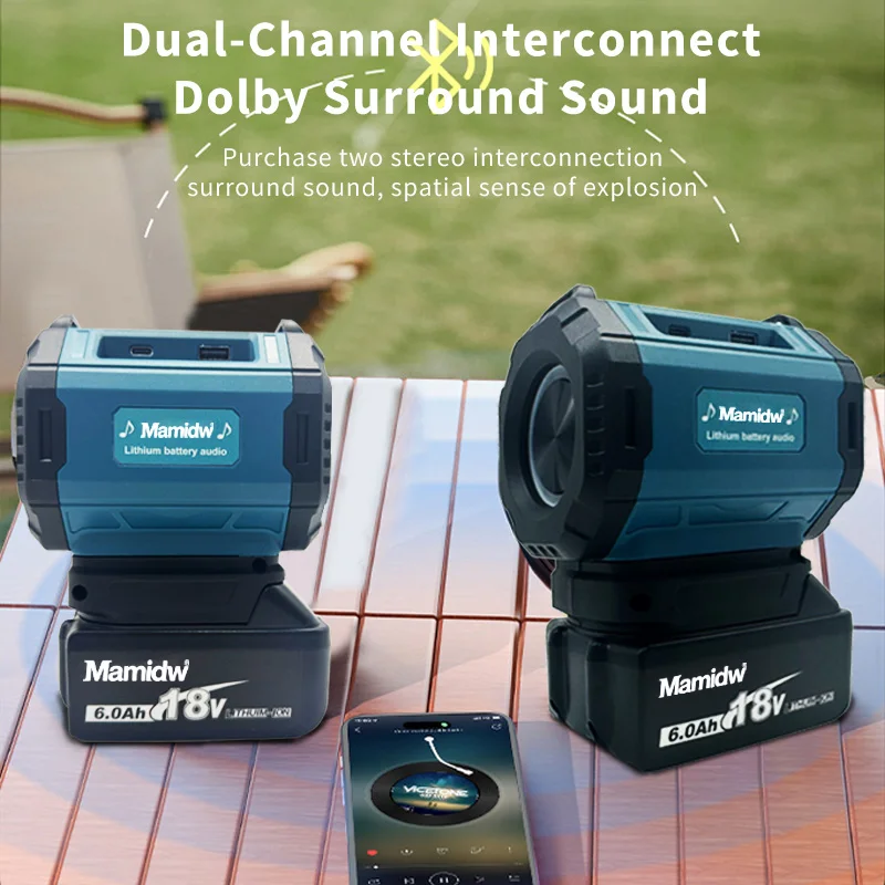 Mamidw مكبر صوت محمول سماعة لاسلكية تعمل بالبلوتوث مضخم صوت خارجي مقاوم للماء مكبر صوت ستيريو محيطي لدبوس بطارية ماكيتا 18 فولت