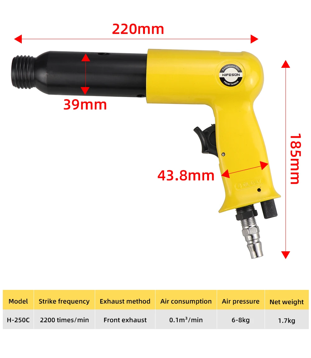 Hifeon Air Hammer 220mm Professional Handheld Pistol Gas Shovels 250Y Small Rust Remover Pneumatic Tools with 4 Chisels