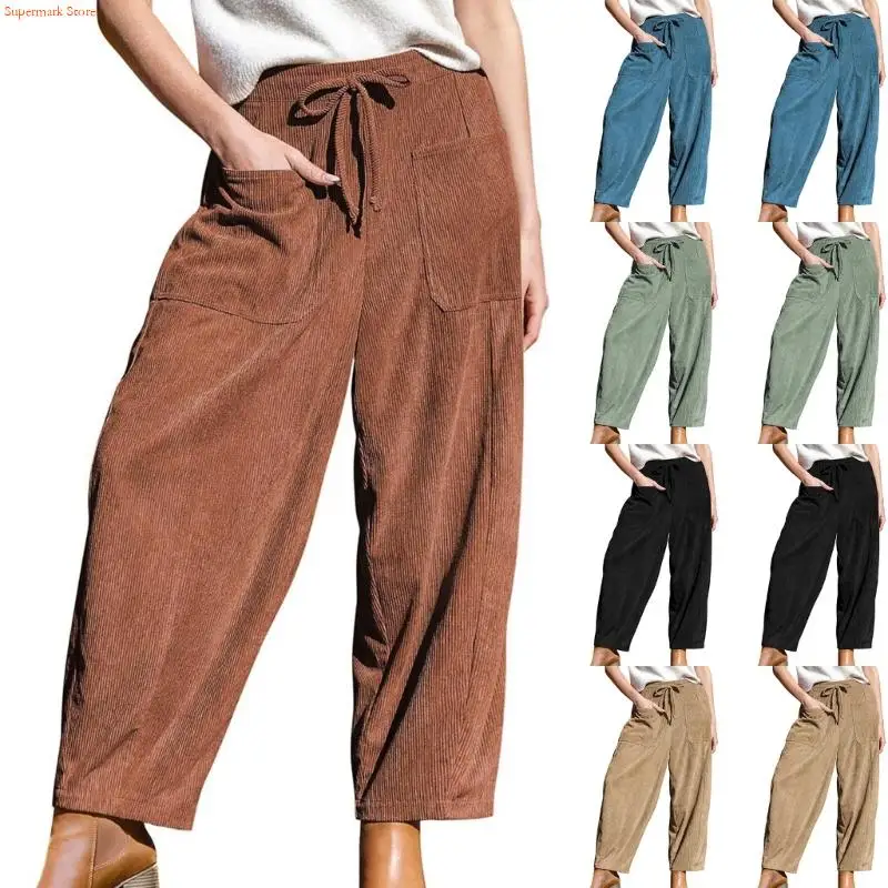 Q5WE Pantaloni velluto a coste da donna Pantaloni larghi a gamba larga Pantaloni Harem a gamba larga con elastico in con