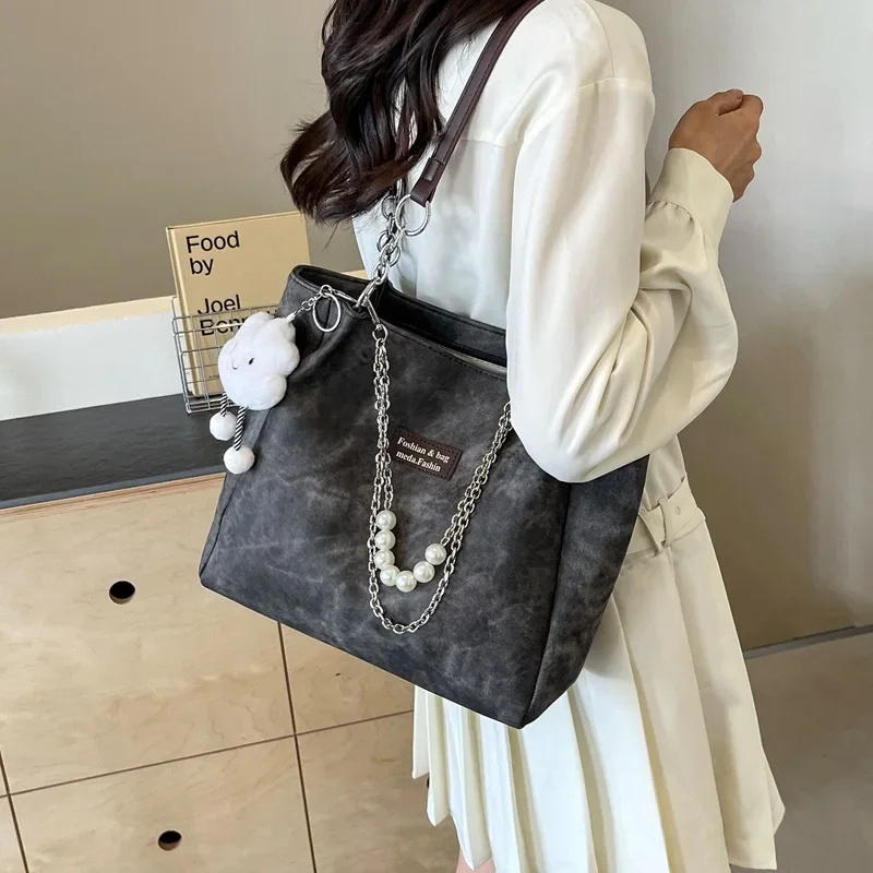 Girls' Simple Shoulder Bag Women Large Capacity Handbag Young Women's Denim Tote Korean Version Student Class Bag