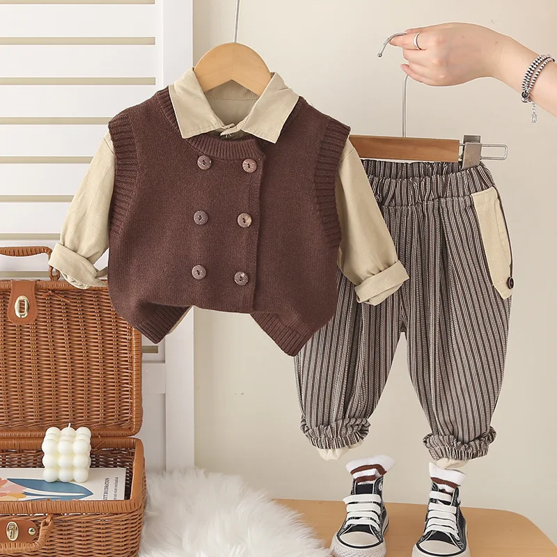 Boys Autumn Outfit Set Toddler Fall Knitted Vest Haram Pants Shirt Three-piece Suit Causal Formal Party School Uniform Sets  123