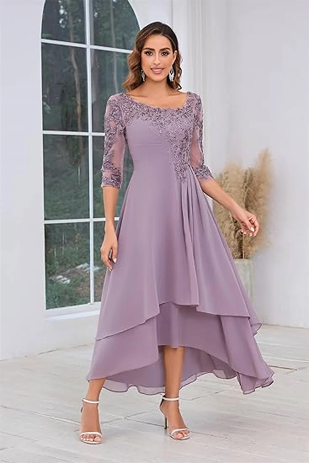 Apliques de encaje personalizados, vestidos para madre de la novia para boda, longitud del té, escalonados, línea A, vestidos de gasa para madre del novio