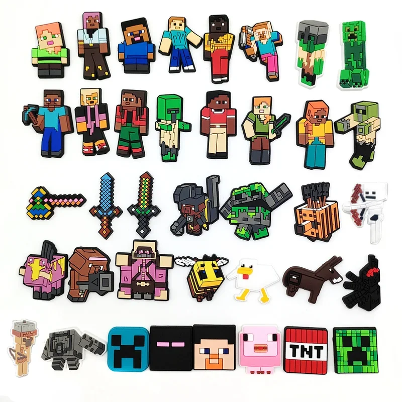 38pcs/lot Cute Minecraft Pattern Charms for Clogs Bubble Slides Sandals, PVC Decorations Accessories for Kids Toys