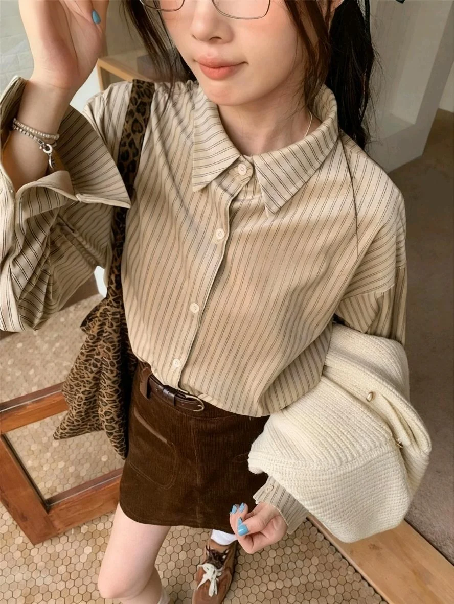 

Autumn Women's Striped Shirt New Long Sleeve Button Down Corduroy Jacket Retro Korean Style Ladies Clothes Top Female Outer wear