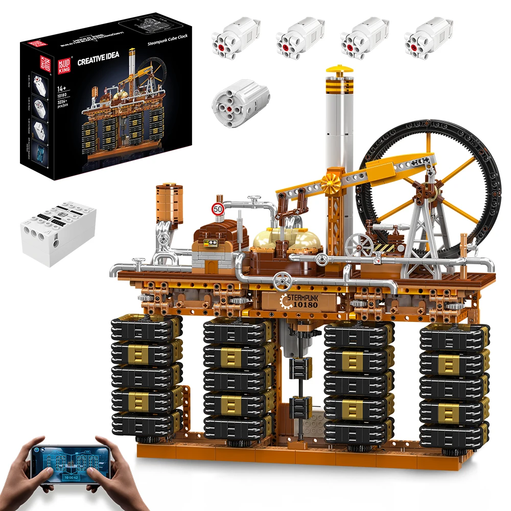 Mould King 10180 Technische Uhr-Spielzeuge: Die MOC Motorisierte Steampunk-Würfeluhr, Baustein-Uhr-Set, Weihnachtsgeschenk für Kinder