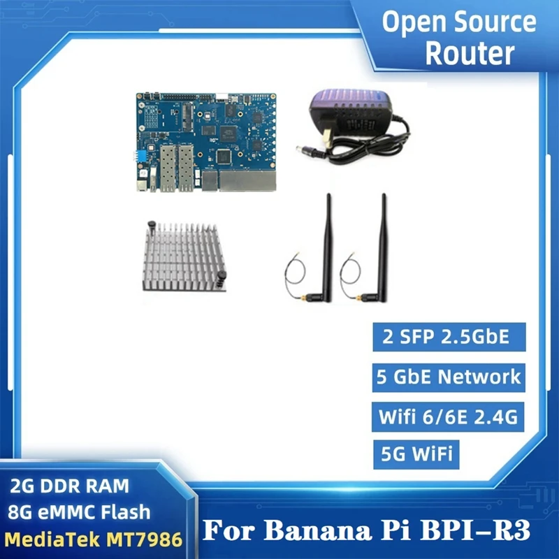 Top-For Banana PI BPI-R3 MT7986 2G+8G EMMC 2 SFP 2.5Gbe 5Gbe Router Development Board+Heat Sink+Antennas+Power Cable