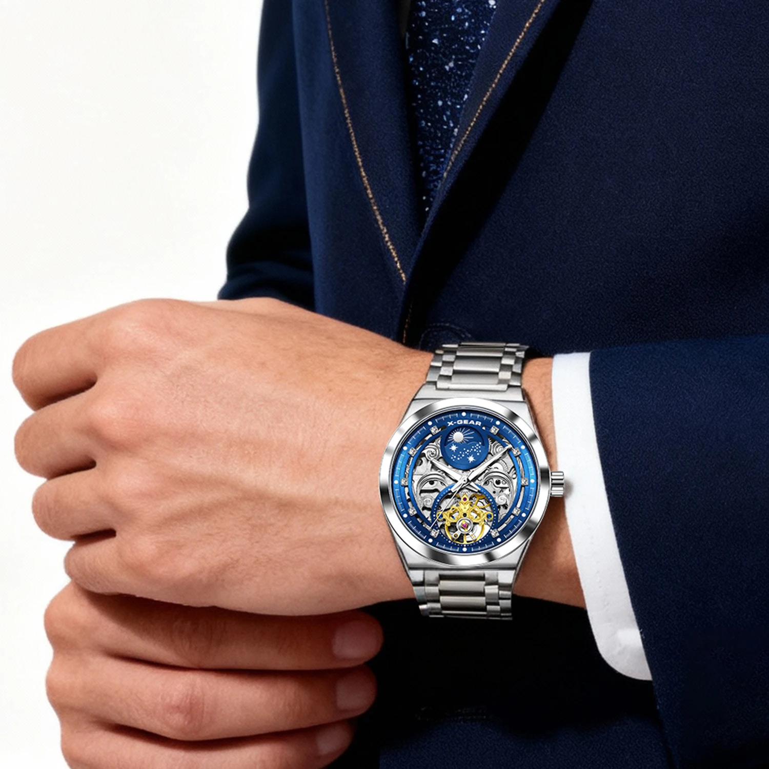 メンズ機械式ムーブメント腕時計、ステンレススチールストラップ、夜光、防水、カジュアル＆ビジネス腕時計