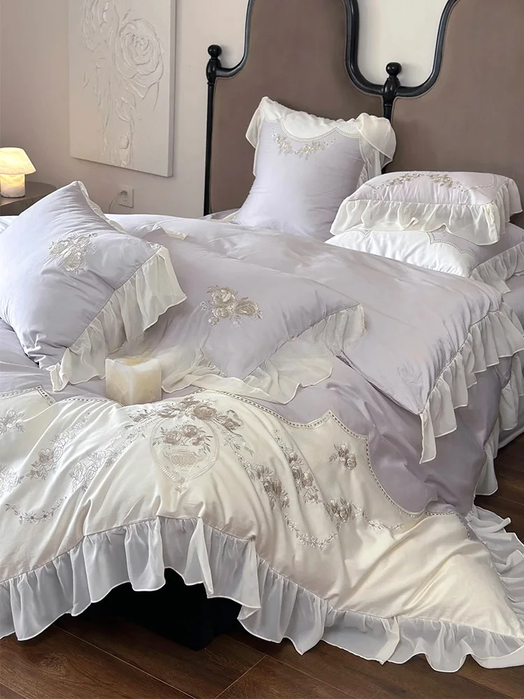 

Комплект из четырех предметов French Lenzing Tencel, пододеяльник, простыня из холодного шелка с прохладным хлопком, кровать из чистого хлопка, легкая роскошная премиум-класса
