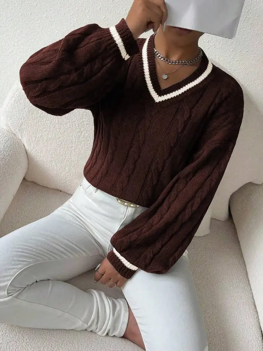 

Brown Cable Knit V-Neck Long Sleeve Casual Sweater With Contrast Trim