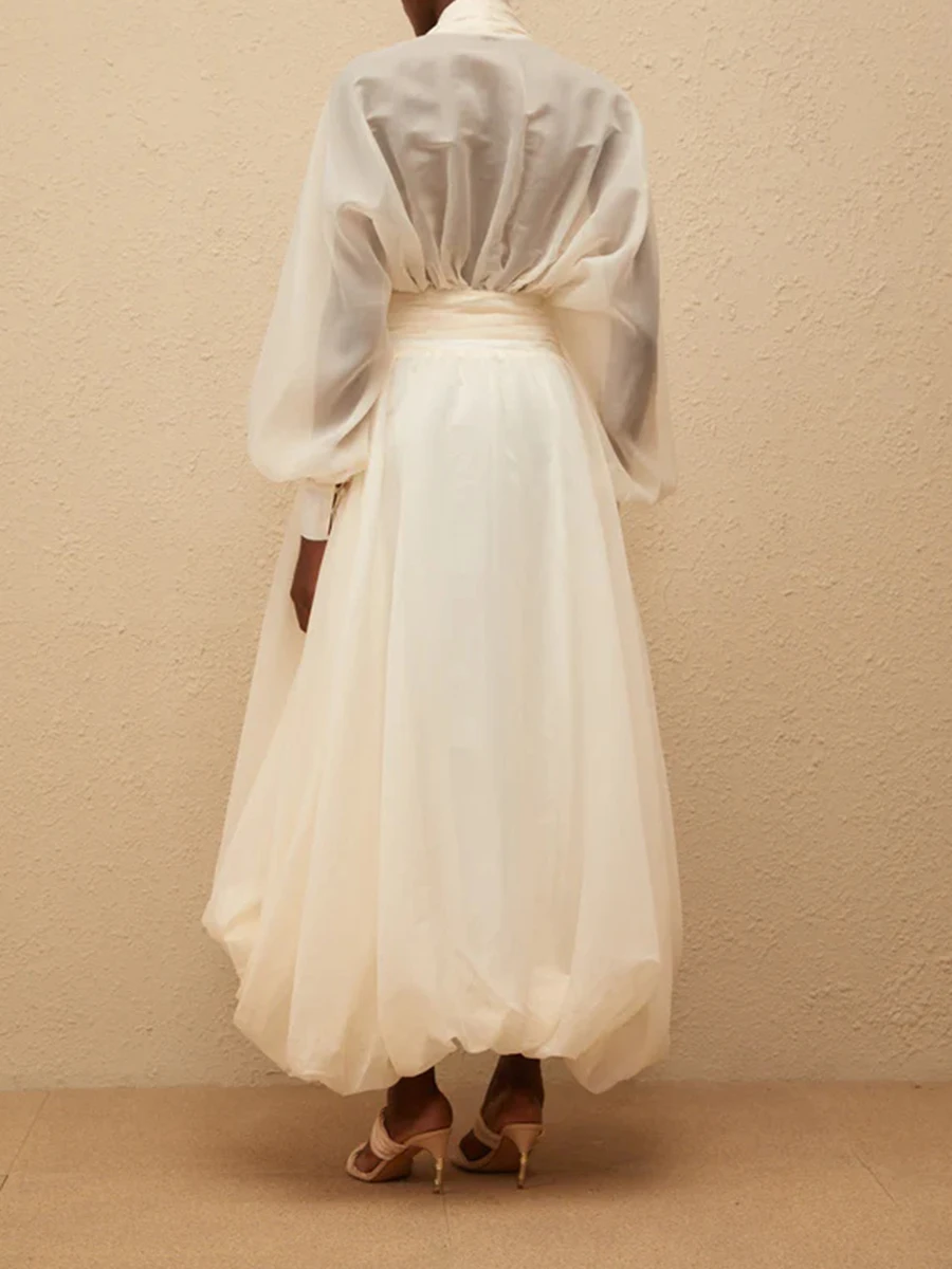 VGH Urlaub Gespleißt Unregelmäßigen Saum Kleider für Frauen V-ausschnitt Laterne Hülse Hohe Taille Transparent Puff Kleid Weibliche Herbst Stil