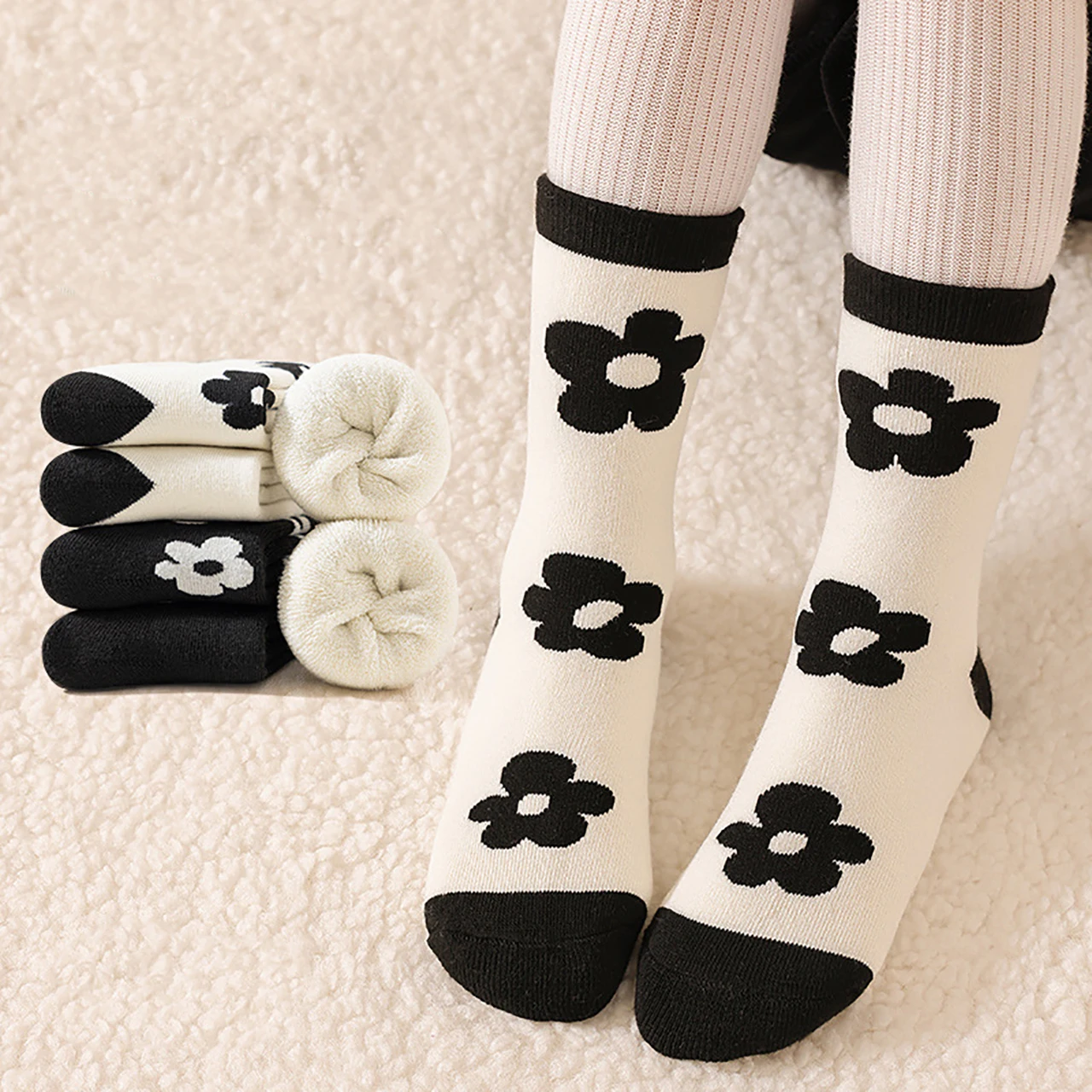 

5Pairs Black White Flower Girl Mid Tube Sock Thick Velvet Kids Warm Sock 3-12Year Children Thermal Footwear Children Plush Socks