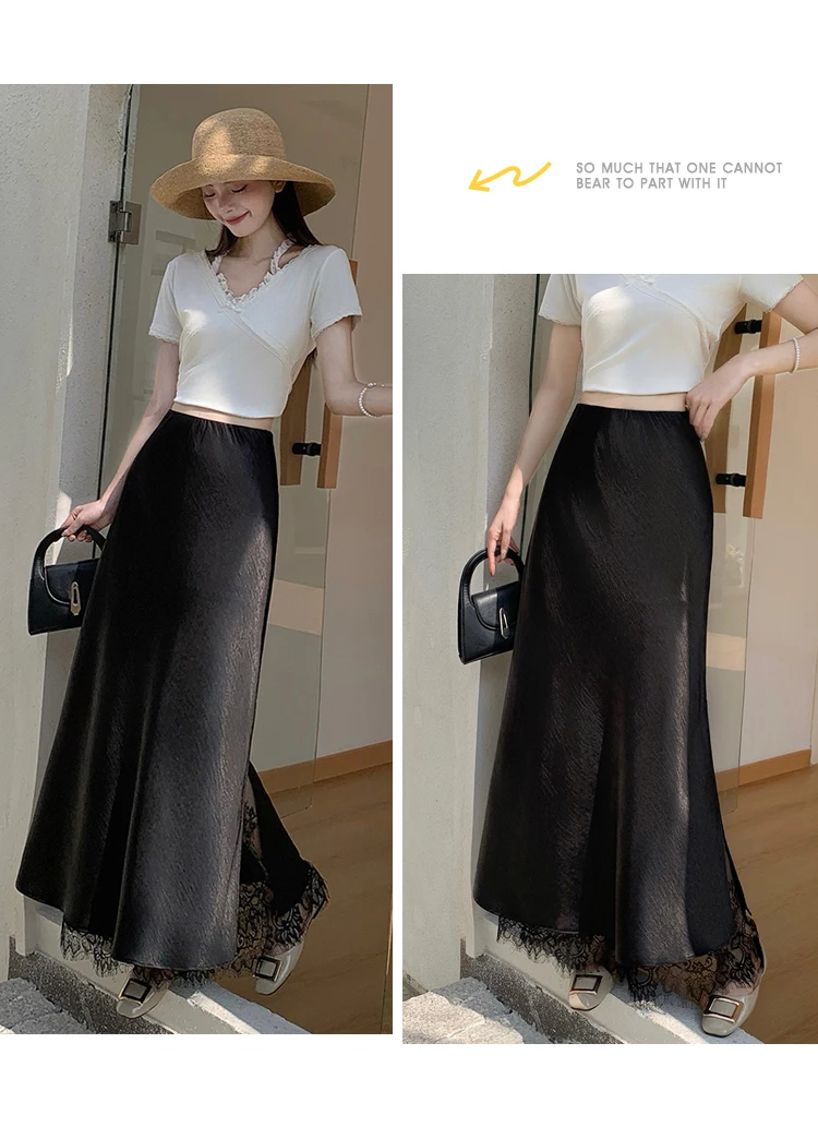 2026 Sommer Herbst Neuer Schlanker Hochwertiger Modischer Halbrock Eleganter Spitzenbesatz Satin Seitenschlitz Damen Midi-Rock – Detail 26