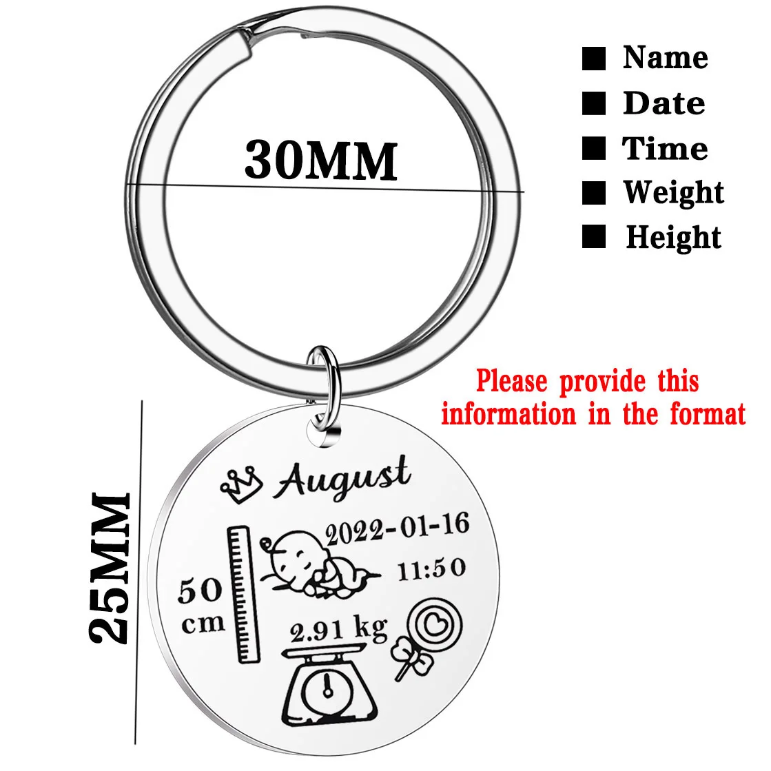 맞춤형 이름 아기 키 체인, 생년월일 무게추 키, 신생아 기념 맞춤형 열쇠 고리, 엄마 아빠 선물