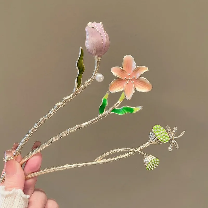 Eleganti bastoncini per capelli floreali tonificati Smalto Libellula Giglio Tulipano Perla Stili vintage perfetti TraditionLooks Accessori Boho Chic