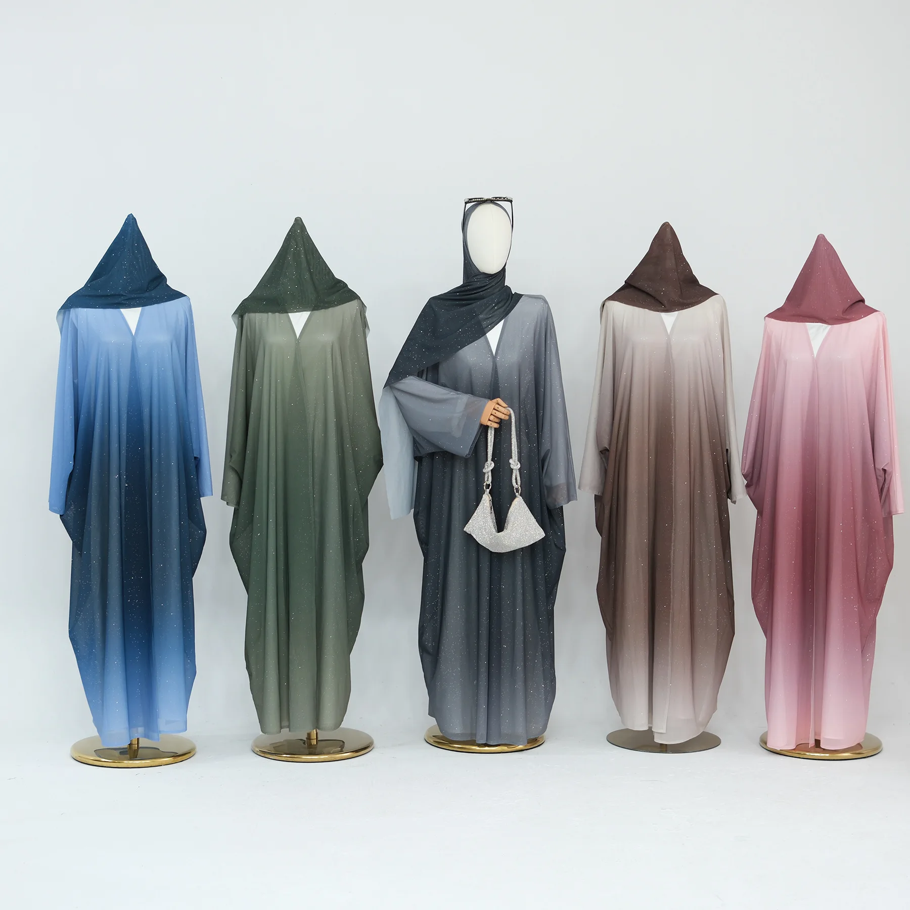 2025 신상 기모노 아바야 두바이 그라데이션 컬러 2피스 여성 아바야 단정한 드레스 패션 아바야 여성 무슬림 드레스 히잡 포함