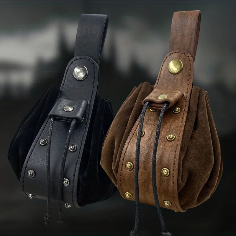 1Pc Vintage Medieval Viking Rivet Drawstring Pouch - Synthetic Leather Coin Purse, Lightweight & Foldable,with Metal Accents