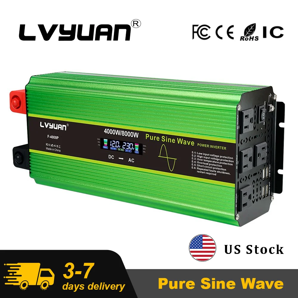 4000W/8000W Pure Sine Wave Inverter 12V 24V 110V DC-AC Power Inverter LCD Screen/Remote Control Off-grid Power Supply