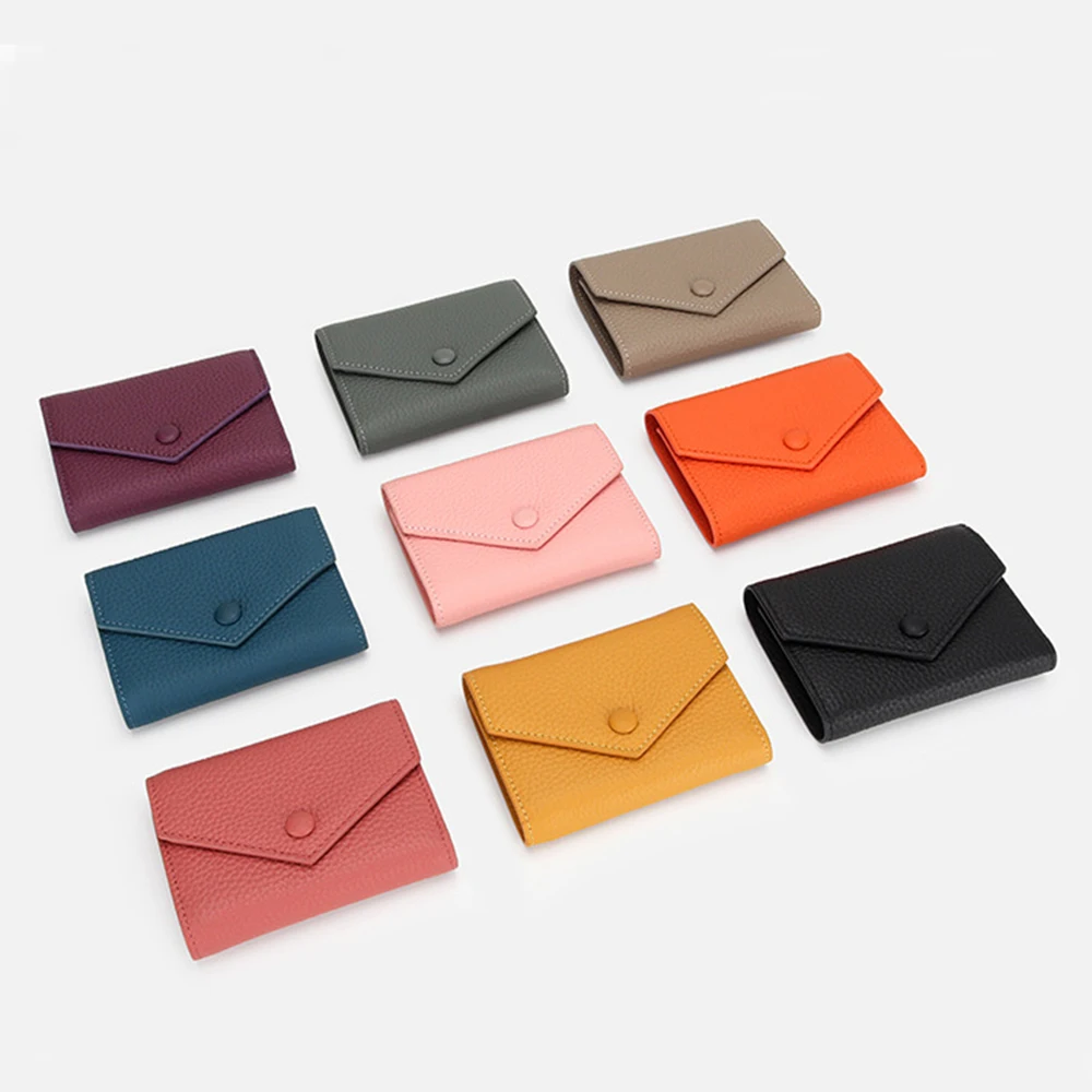 100% Genuine Leather Small Women Wallet Tifold Luxury Envelope Card Holder Purse Multipurpose Zip Coin Cowhide Short Lady Wallet