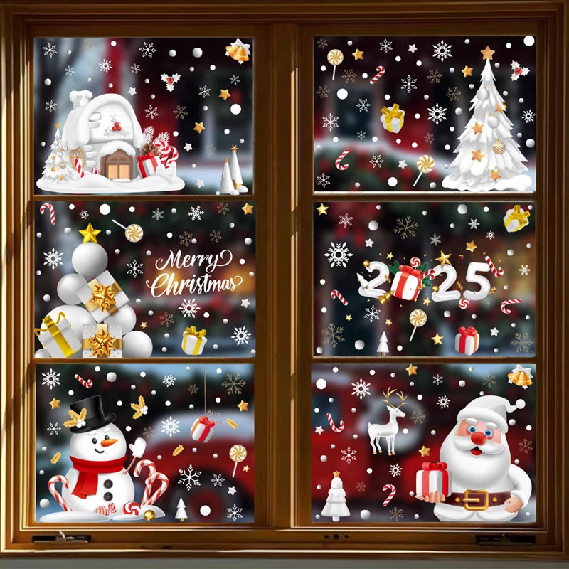 1Set Christmas Window Stickers PVC Xmas Glass Sticker Kids Room Wall Decals Merry Christmas Decoration For Home New Year 2025