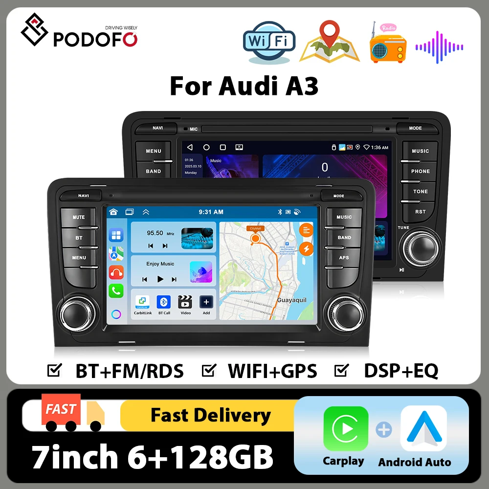 Reproductor multimedia para coche Podofo de 7'' con pantalla táctil IPS, 6+128G, para Audi A3, con Carplay, Android Auto, autorradio, WIFI, GPS, EQ, DSP, radio FM.