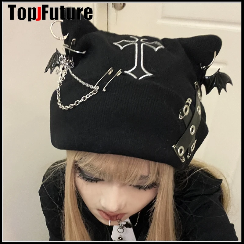 Harajuku Gothic Lolita Knitted Cat Ear Hat Women Punk Designer Cross Bat Winter Beanie Hat Female Y2K Girls Accessories Cap