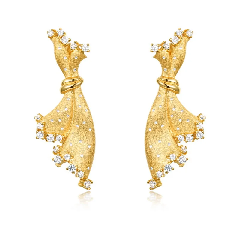 Vintage 925 Sterling Silver Earrings Italian Brushed Gold Small Dress Design Hypoallergenic Fade-Resistant Light Luxury Jewelry