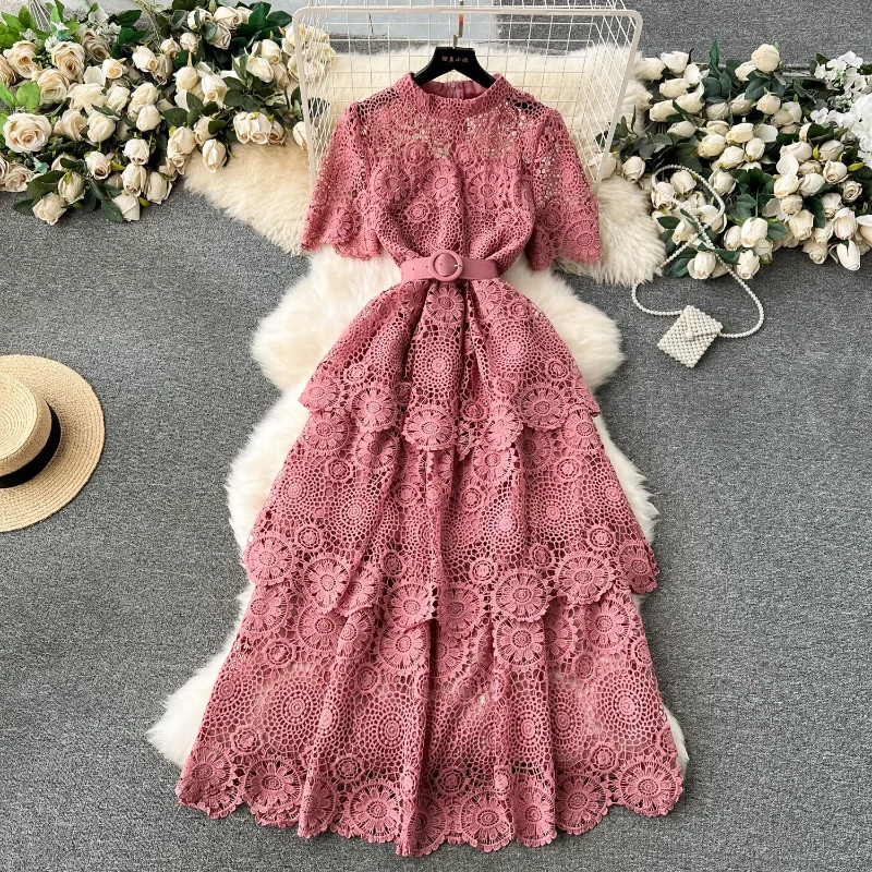 2025 novo vintage elegante em camadas vestido de renda oco para fora design feminino estilo socialite bolo vestidos multi-camada plissado borda vestido