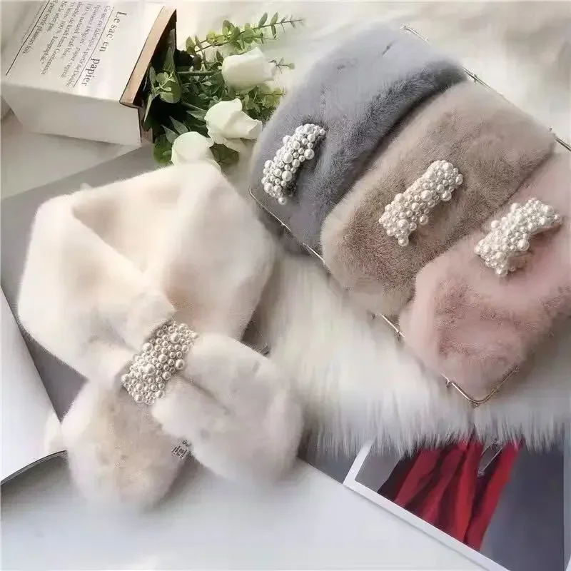 وشاح نسائي للخريف والشتاء دافئ متعدد الاستخدامات لحماية الرقبة غطاء للرقبة شتوي من أرنب قضاعة صناعي من القطيفة وشاح منقط