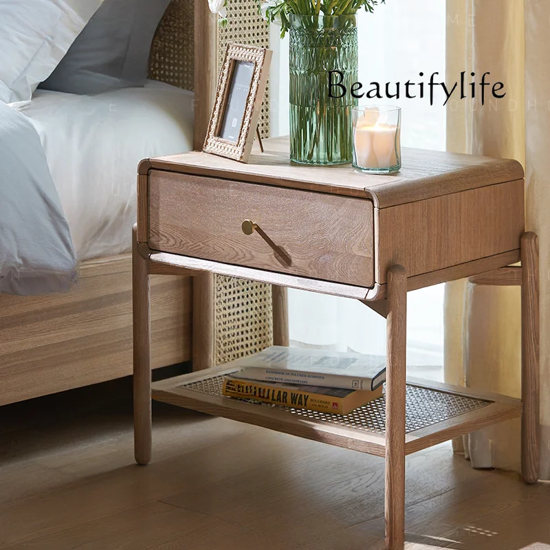 Japanese Rattan Element Creative Bedside Table Nordic Simple Bedroom and Household Solid Wood Bedside Cabinet