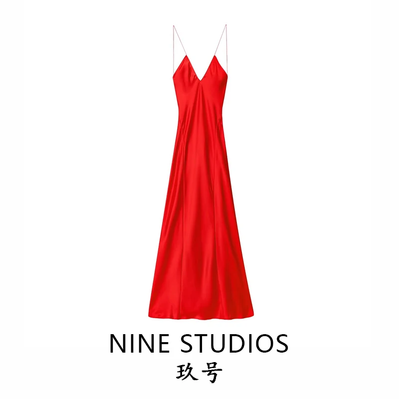 Ele High-Waisted Long Silk Satin Bal Strapl Dr Women's Summer Casual V-Ne Polyester Fiber Gown