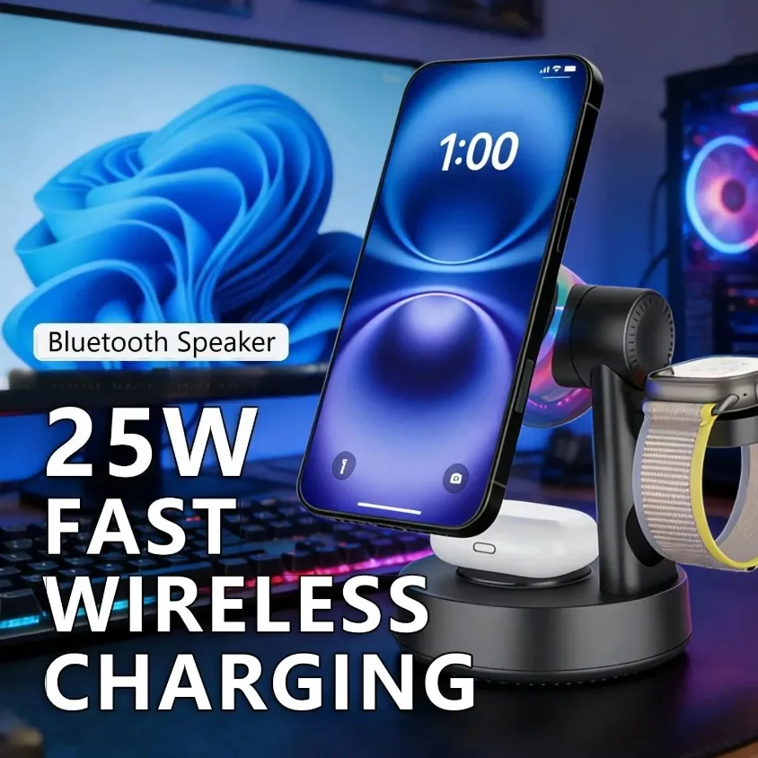 

Многофункциональная RGB-подставка с Bluetooth-колонкой и беспроводной зарядкой 25 Вт Qi2.2 для iPhone, Samsung, Apple Watch и AirPods