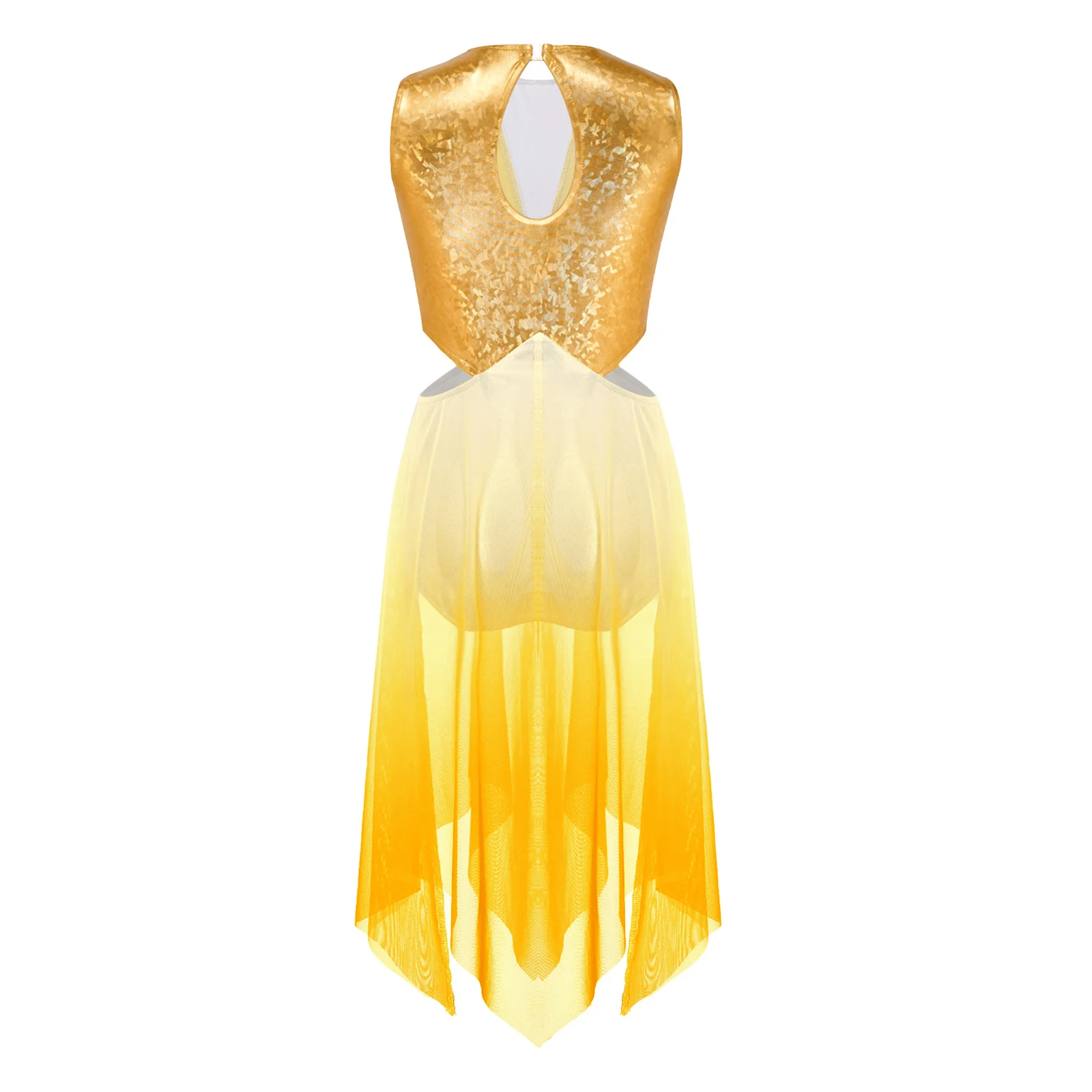 Kids Girls Lyrical Ballet Jazz Dance Dresses Cutout Waist Keyhole Back Metallic Bodice Asymmetrical Gradient Color Mesh Dress - view 4