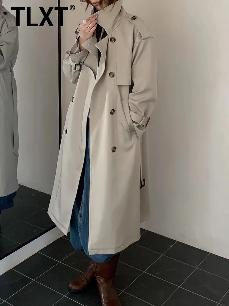 

TLXT модный женский элитный элегантный плащ средней длины, свободное утягивающее двубортное пальто, женское пальто 202, зимняя новая одежда