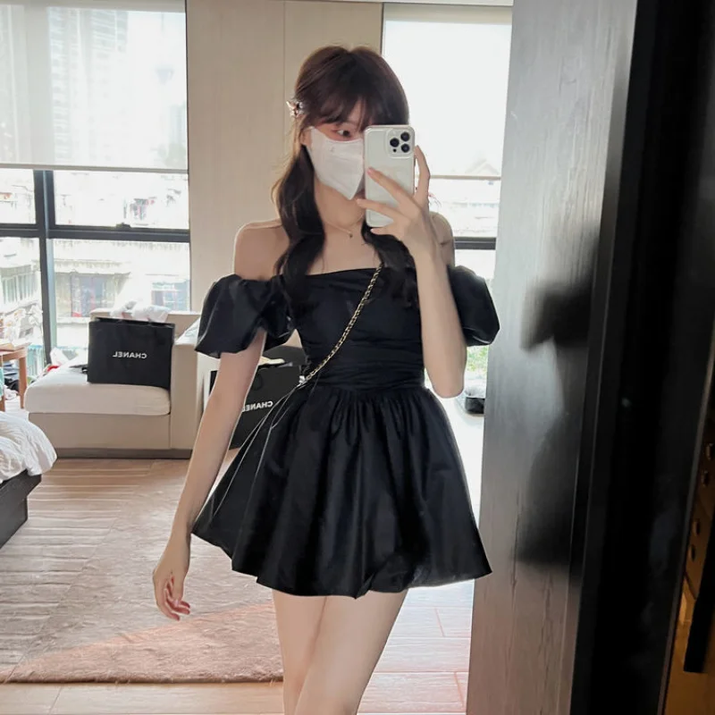 

Desire Two-Way French Style Puff Sleeve Dress Waist-Cinching Off-Shoulder Waist-Cinching Puffy Short Dress Petite Vacation