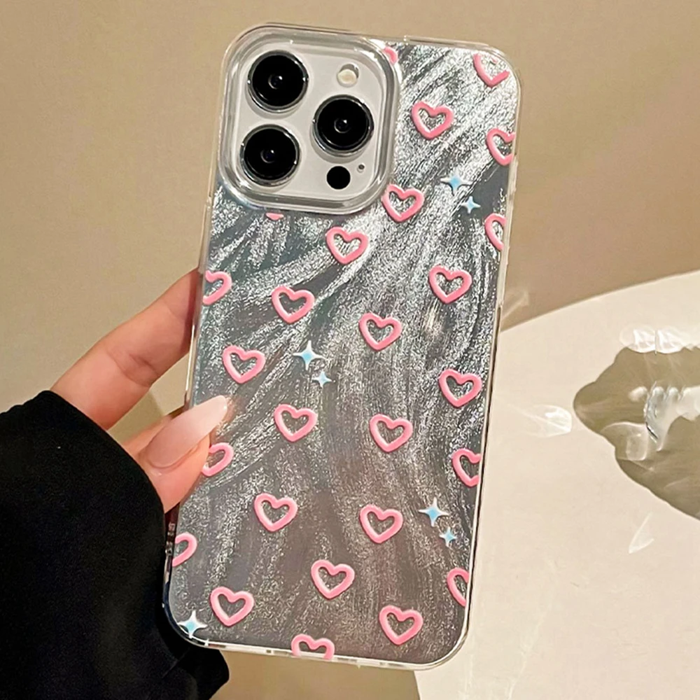 Koreanische rosa Herz Frauen Mädchen Telefon Fall für iPhone 16 16e 15 14 13 12 Pro Max 7 8 Plus X XS XR SE 2022 2020 Paar Shell Cover