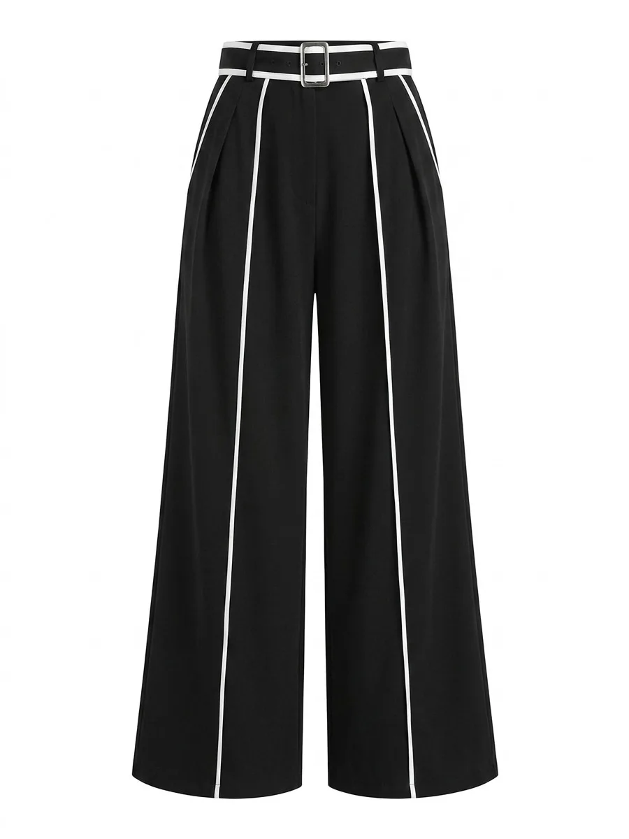 Freeacy Women Black White Contrast Piping Wide Leg Pants High Waist Pleated Trousers 2026 Loose Floor Length Casual Pants