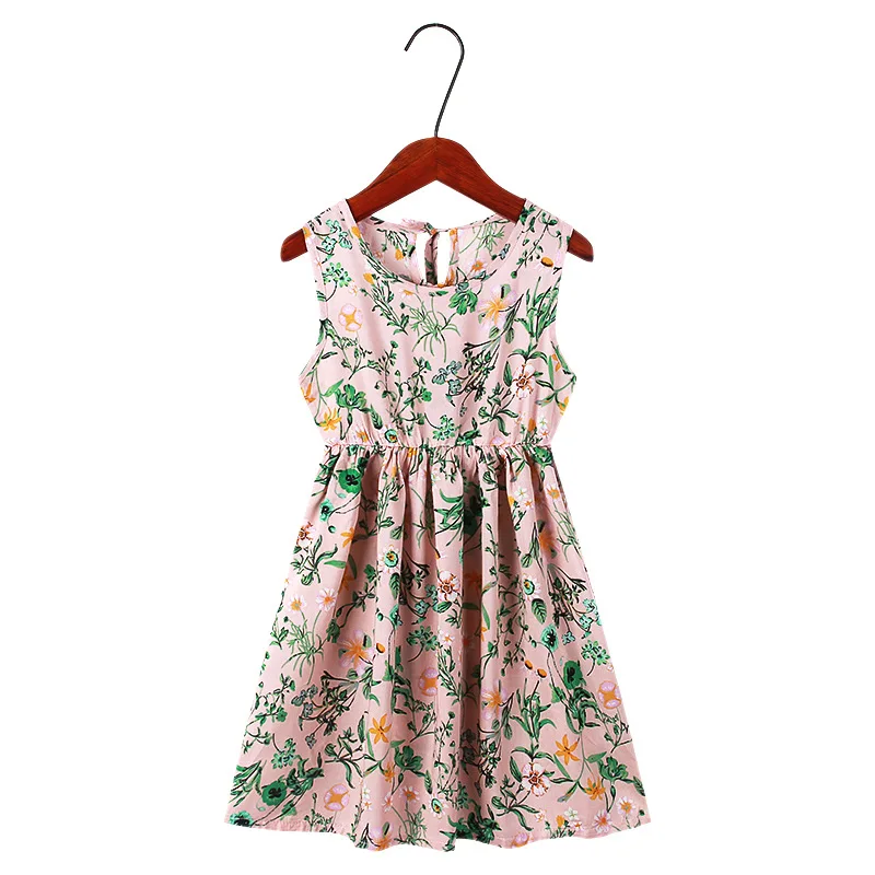 2024 Summer Gilrs Casual Dress 2-12Years Kids Cute Printed Leaf Vest Princess Dress Children Silk Cotton Sleeveless Clothing