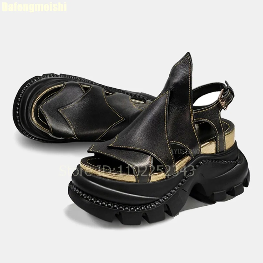 

2025 Summer Platform Sandals 6-8Cm Wedges Black/white Open Toe Increase Rome Style Beach Shoes Non-Slip Rubber Bottom Sandals