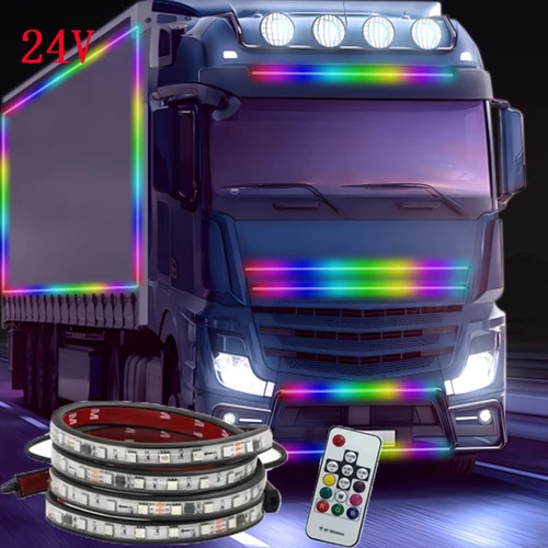 Tiras de luces Led para camión, 2M, 2,4 M, 24V, lámpara de ambiente colorida, luz de señal de giro Flexible RGB, luz de advertencia DRL de 1,5 M con control remoto