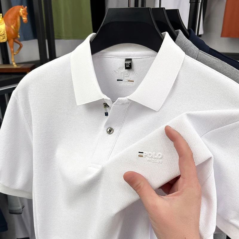 Mens Short Sleeve Melange Pique Collar Polo Tees Mini Chest Letter Embroidery Classic Fit Lightweight Fashion Tops For Men