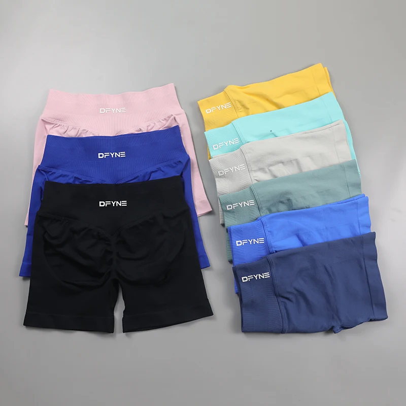 4.5'' Dfyne Impact Shorts With Logo Low Ribbed Band Yoga Shorts Seamless Scrunch Bum Workout Gym Shorts Booty Running Shorts