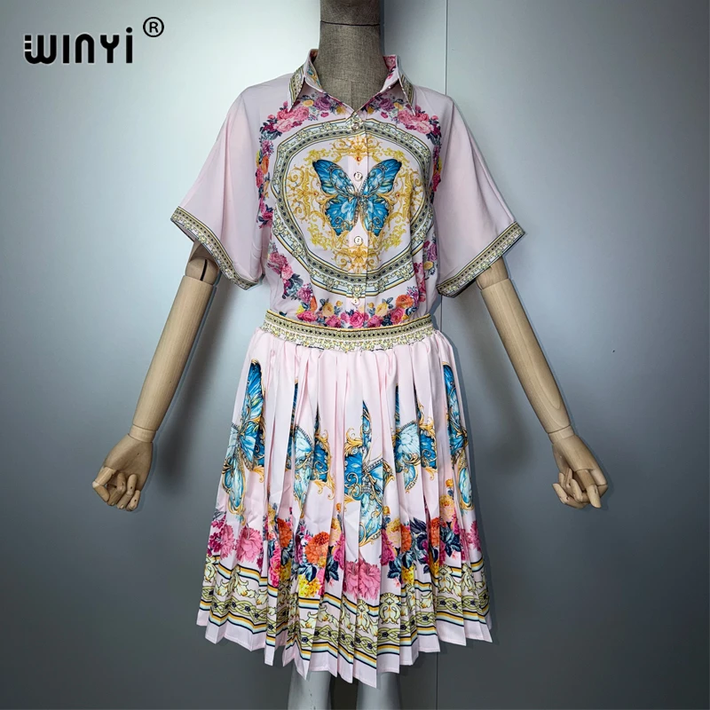 

Костюм WINYI из двух предметов: платье с богемным принтом и эластичной юбкой, новый модный пляжный комплект для отпуска, короткая юбка и рубашка