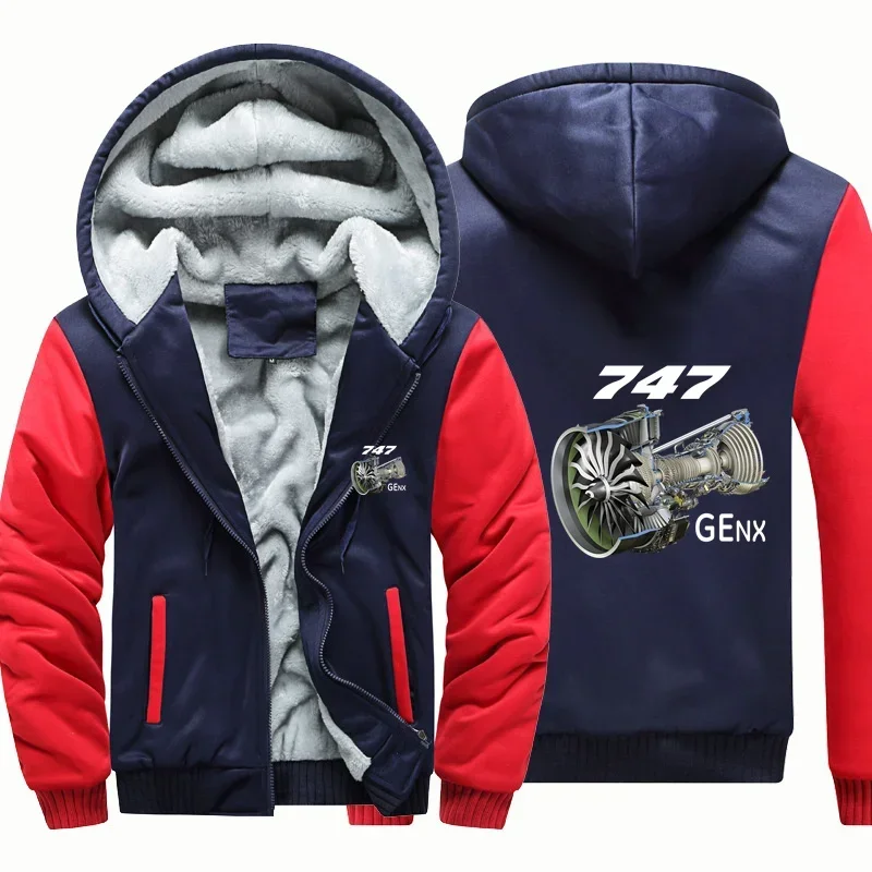 747 & GENX Engine Fleece Warm Wool Aviation Pilots Flight Men Coat Jackets Zipper Hooded Thick Hoodies Sweatshirts