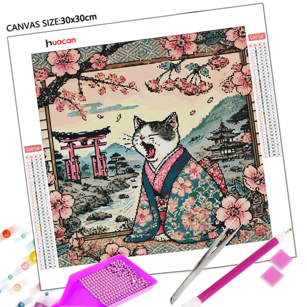 Huacan New Arrivals 2026 Diamond Painting Cat Cherry Blossoms Diamond Mosaic Animal Landscape Complete Kit Craft Kit