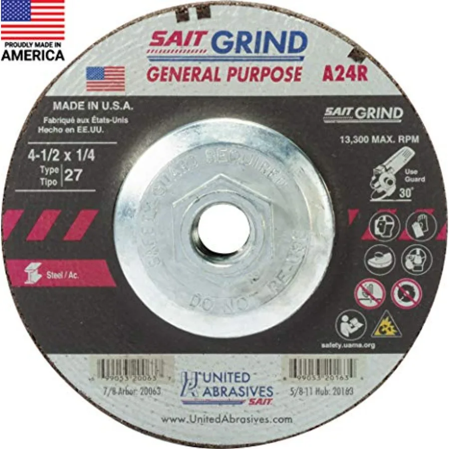 

SAIT 20163 A24R General Purpose Long Life Grinding Wheel Type 27 Depressed Center 4 1/2 inch x 1/4 inch x 5/8-11 inch 10-Pack