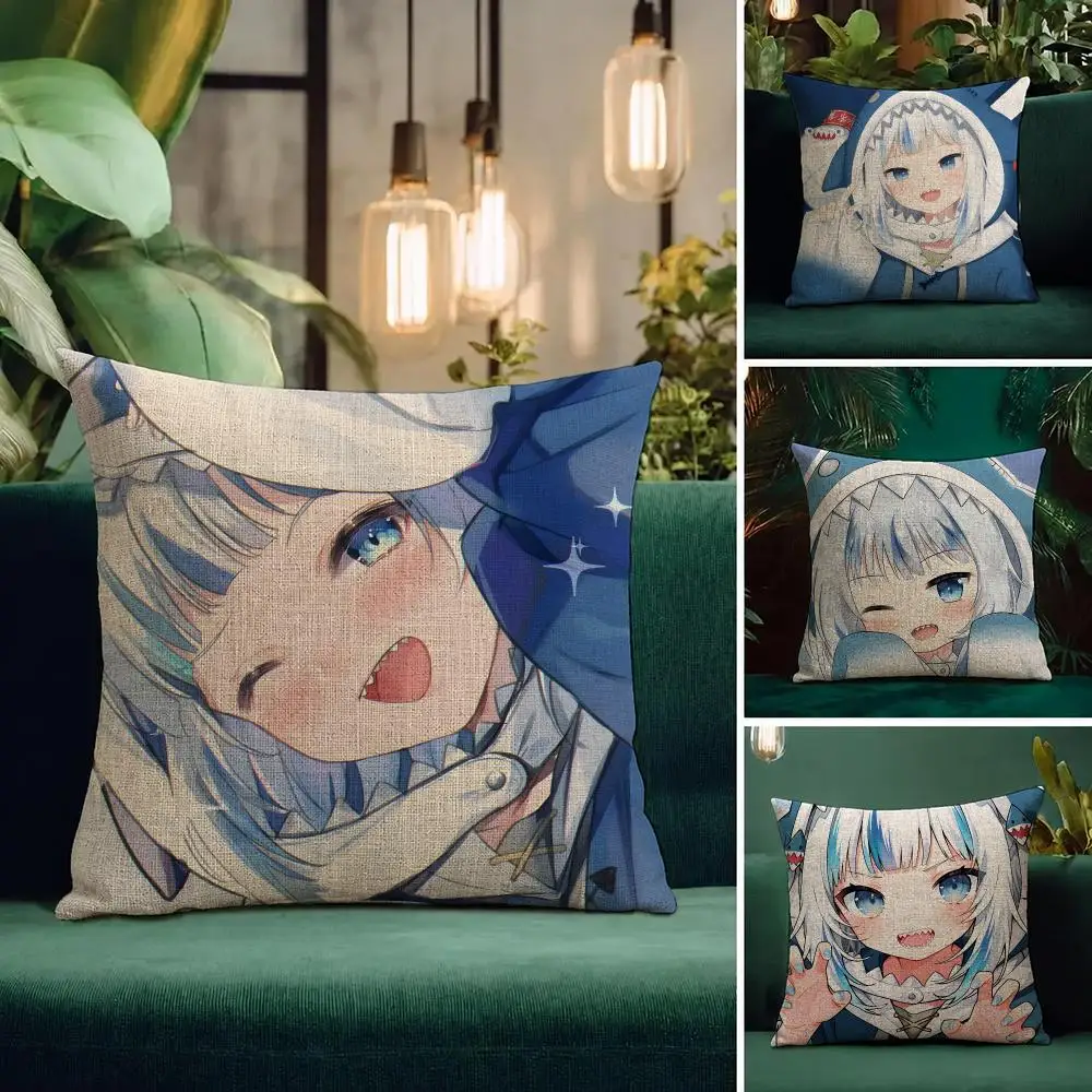 VTuber Gawr Gura Cushion Cover Natural Linen Pillowcase Set All-in-One Decor Cushion Cover for Sofa Bedroom Chair