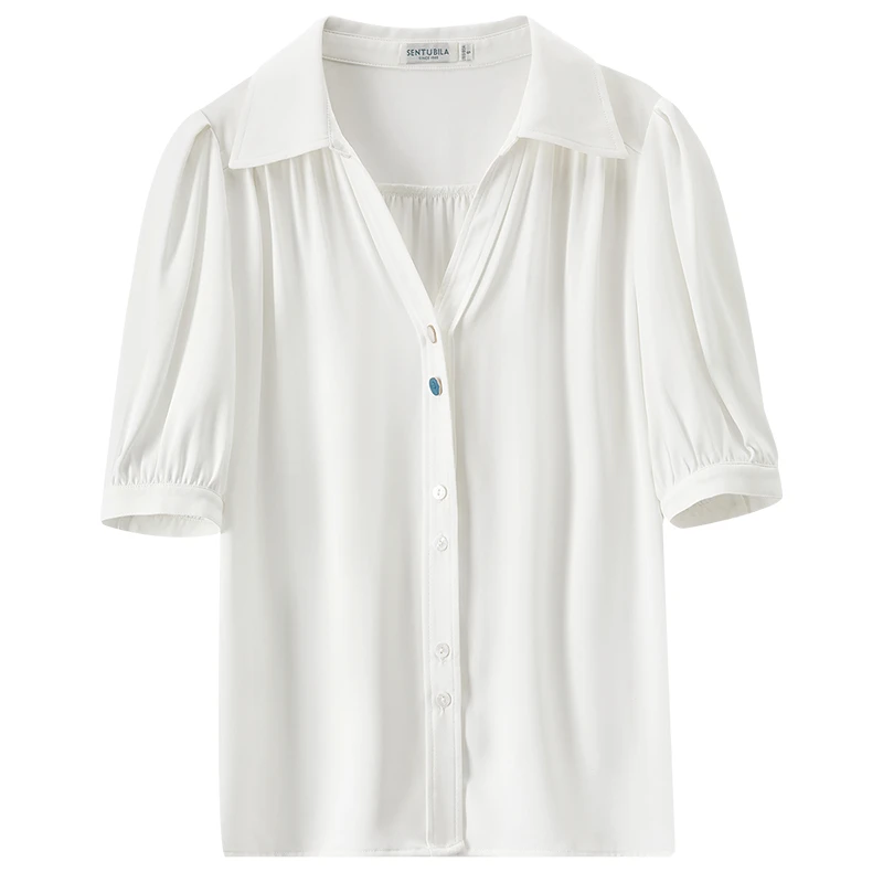 SENTUBILA 여성 출퇴근 셔츠 2025 여름 패션 턴다운 칼라 반소매 블라우스 화이트 여성 탑 122C42188