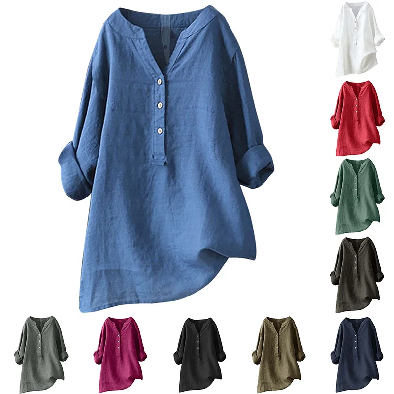 

Ladies' Stand Collar Solid Color Loose Button-up Long Sleeve Cotton Linen Blouse, Large Size